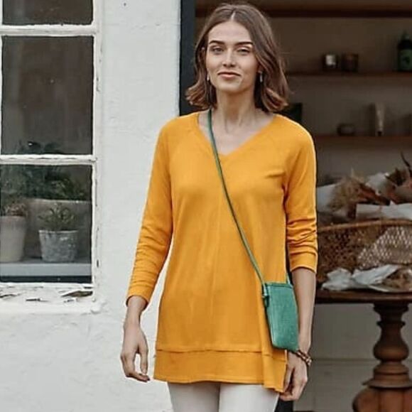 J JILL FEATHERWEIGHT 3/4 SLEEVE TUNIC DANDELION Yellow V-NECK Size M - Picture 9 of 9